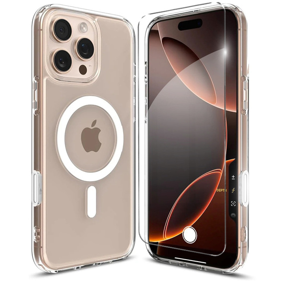 Pouzdro ERBORD MagSafe pro iPhone 16 Pro Max, aktivní tlačítko, průhledné + sklo na displej