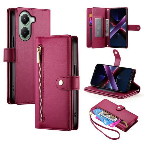 Klopové pouzdro pro Xiaomi Poco X7 Pro 5G, Wallet Zipper Pocket, červené