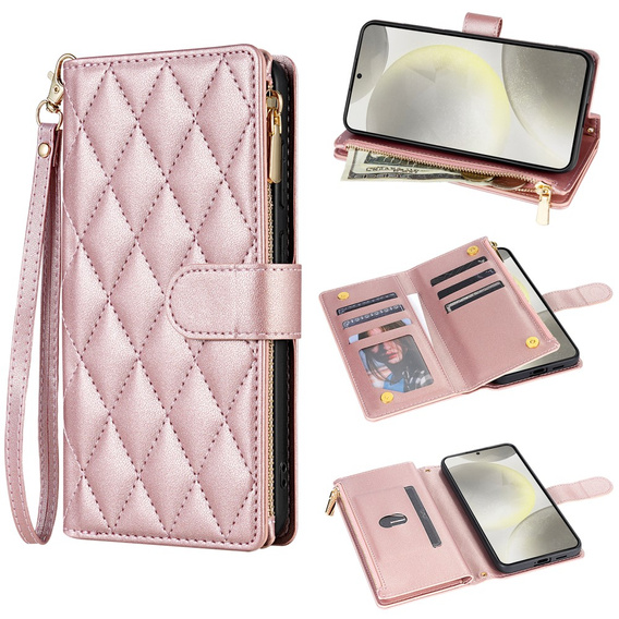 Pouzdro s klopou pro Samsung Galaxy A56 5G, Rhombus Crossbody Leather, růžové rose gold