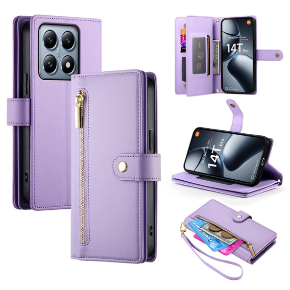 Klopové pouzdro pro Xiaomi 14T Pro, Wallet Zipper Pocket, fialové