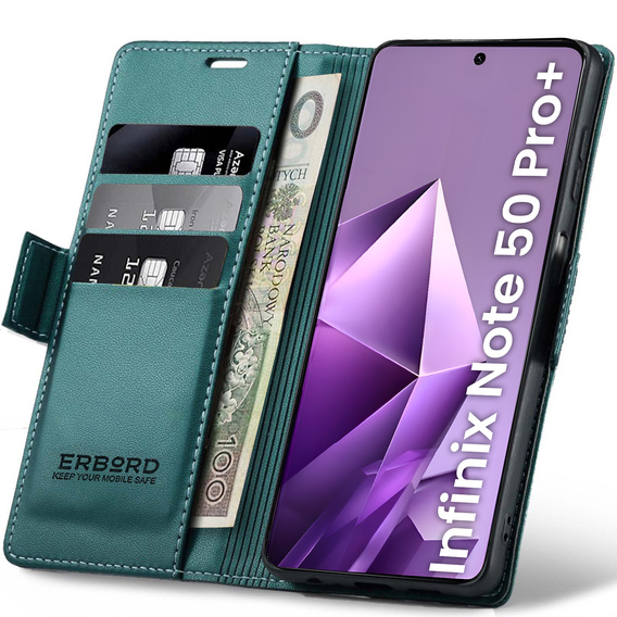 Pouzdro pro Infinix Note 50 Pro+, ERBORD Glossy Litchi, flipová peněženka, zelené