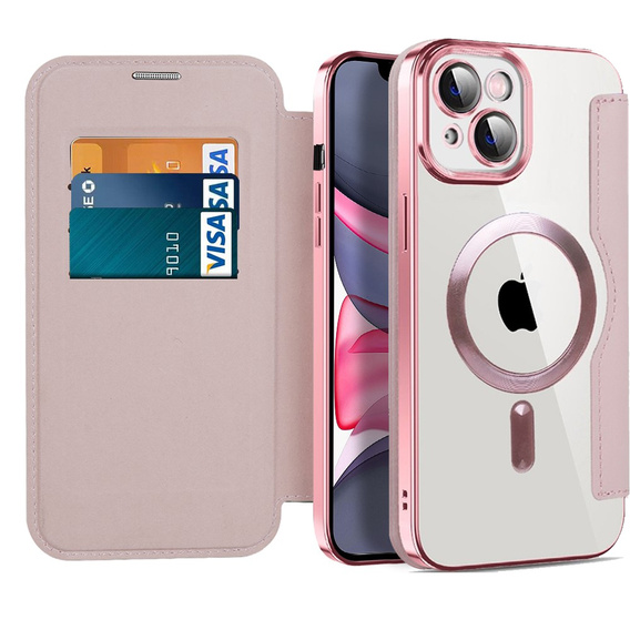 Klopové pouzdro pro iPhone 14 Plus, RFID Wallet MagSafe CamShield, růžové