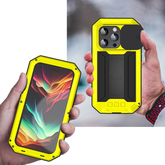 Pouzdro pro iPhone 15 Pro, R-JUST CamShield Slide, pancéřované, žluté / černé