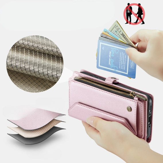Pouzdro CASEME pro Samsung Galaxy A56 5G, RFID Leather Wallet, s popruhem přes rameno, růžové