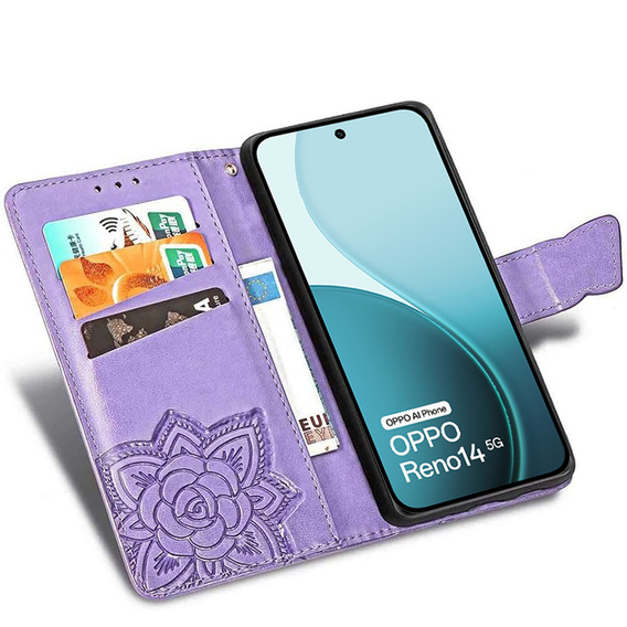 Klopové pouzdro pro Oppo Reno 14, Butterfly, peněženka, fialové