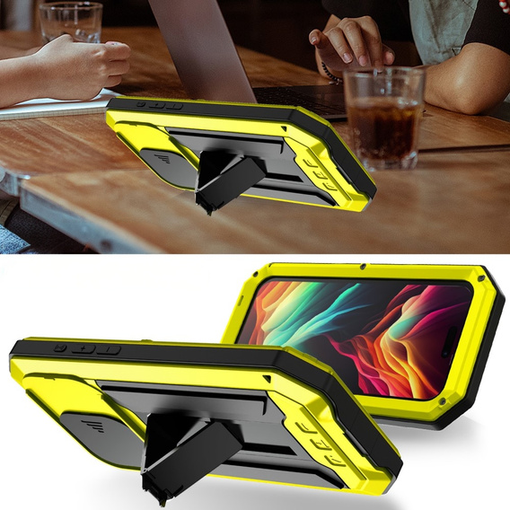 Pouzdro pro iPhone 15 Pro, R-JUST CamShield Slide, pancéřované, žluté / černé