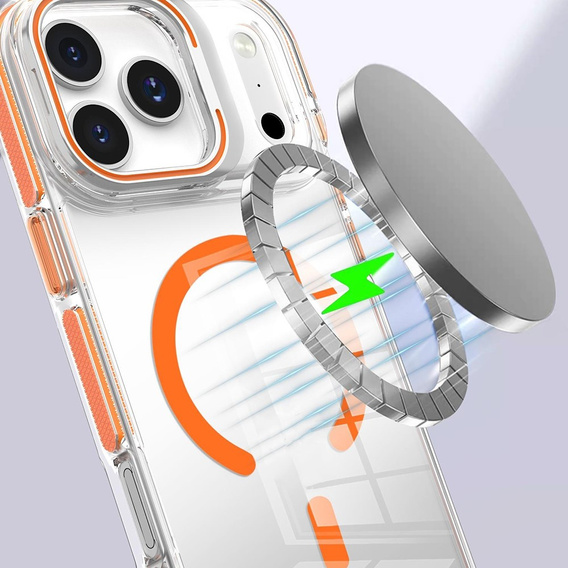 Pouzdro pro iPhone 17 Pro Max, pro MagSafe, se stojánkem, průhledné s oranžovými vložkami