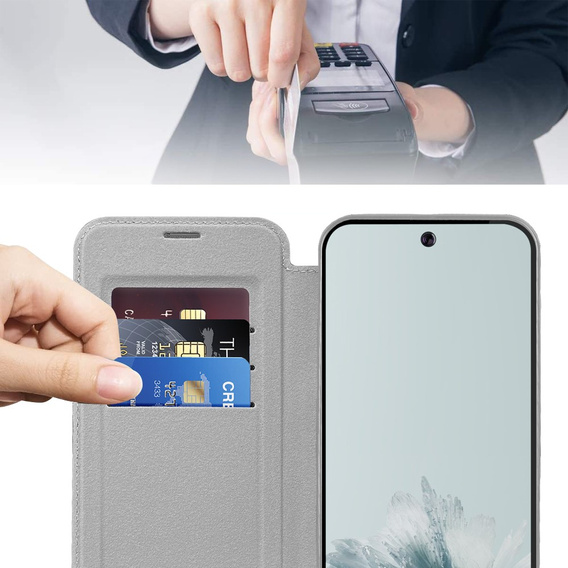 Klopové pouzdro pro Google Pixel 9A, RFID Wallet MagSafe CamShield, stříbrné