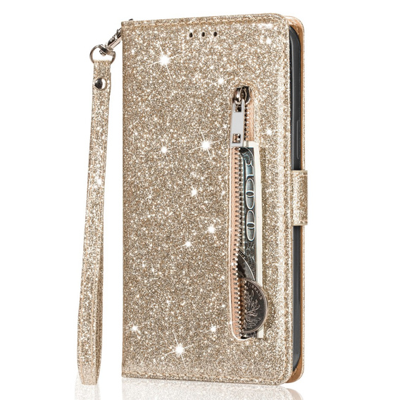 Klopové pouzdro pro Samsung Galaxy A36 5G, Wallet Zipper Pocket Glittery, zlaté