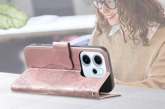 Klopové pouzdro pro Oppo Reno 14F, peněženka, Butterfly, růžové zlato