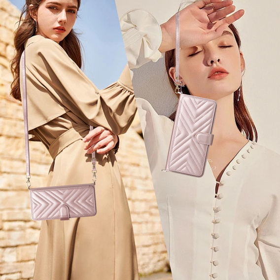 Flipové pouzdro pro Xiaomi Poco M7 Pro 5G, Crossbody Leather Wallet, růžové