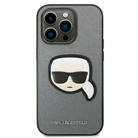 Pouzdro Karl Lagerfeld pro iPhone 14 Pro Max, Saffiano Karl's Head Patch, stříbrné
