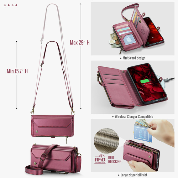 Pouzdro CASEME pro Samsung Galaxy S25 FE, RFID Leather Wallet, s popruhem přes rameno, červené