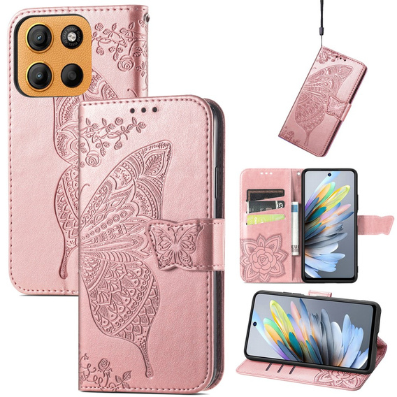 Klopové pouzdro pro Motorola Moto G15 / Motorola Moto G15 Power, Butterfly, růžové rose gold