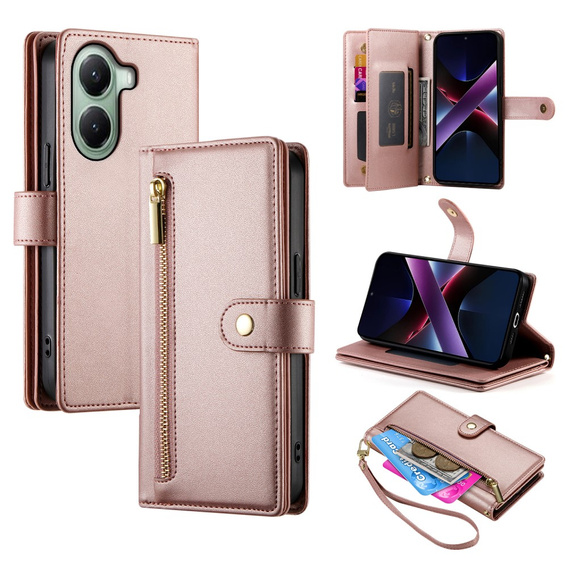 Klopové pouzdro pro Xiaomi Poco X7 Pro 5G, Wallet Zipper Pocket, růžové