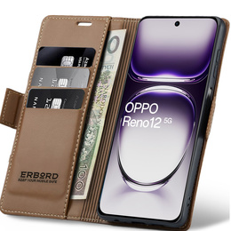 Pouzdro pro Oppo Reno 12, ERBORD Glossy Litchi, flipová peněženka, hnědé