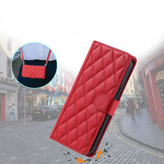 Pouzdro s klopou pro iPhone 16 Plus, Rhombus Crossbody Leather, červené