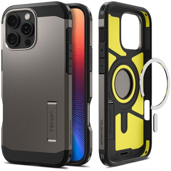 Pouzdro Spigen pro iPhone 16 Pro Max, Tough Armor Mag MagSafe, šedé + 9H tvrzené sklo
