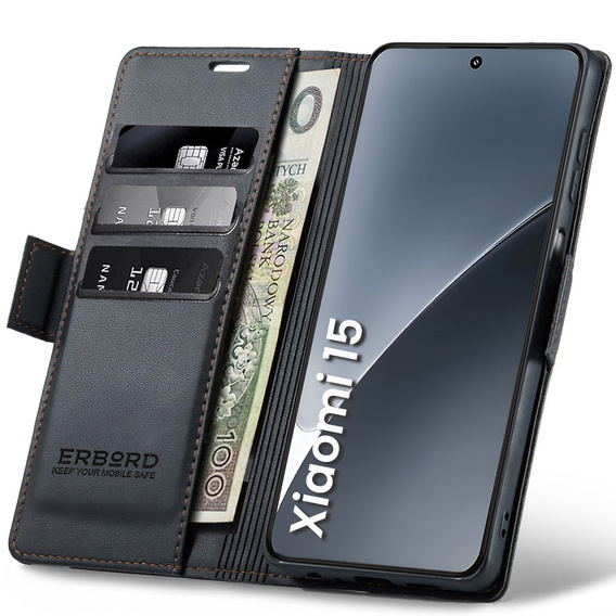 Pouzdro pro Xiaomi 15, ERBORD Glossy Litchi, flipová peněženka, černé