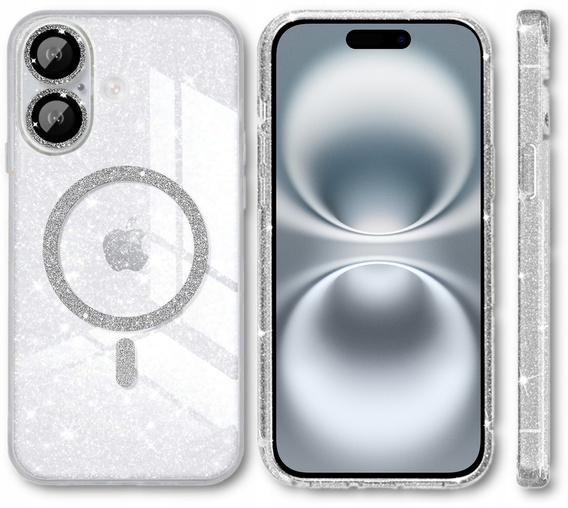 Pouzdro pro iPhone 16, ERBORD Glitter MagSafe, průhledné + sklo na displej
