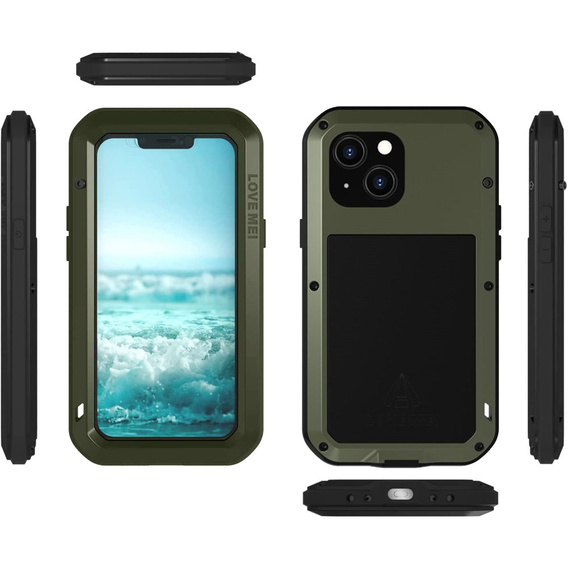 Pouzdro Love Mei pro iPhone 13 mini, armored with glass, zelené / černé