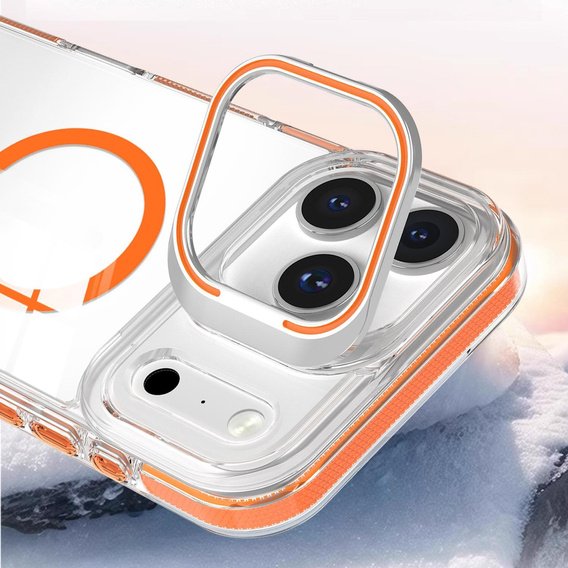Pouzdro pro iPhone 17 Pro, pro MagSafe, se stojánkem, průhledné s oranžovými vložkami