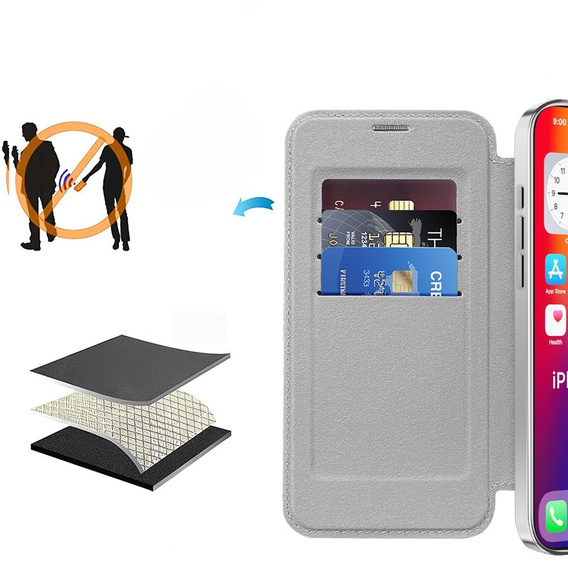 Klopové pouzdro pro iPhone 16 Pro, RFID Wallet MagSafe CamShield, stříbrné