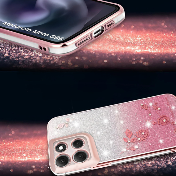 Pouzdro pro Motorola Moto G86 5G, Glitter Flower, růžové rose gold