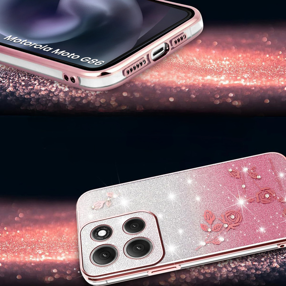 Pouzdro pro Motorola Moto G86 5G, Glitter Flower, růžové rose gold