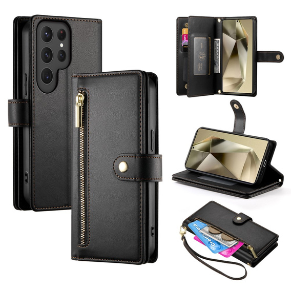 Klopové pouzdro pro Samsung Galaxy S25 Ultra, Wallet Zipper Pocket, černé