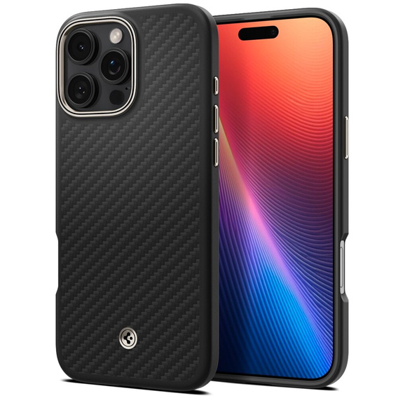 Pouzdro Spigen pro iPhone 16 Pro, Enzo Aramid MagSafe, carbon černé + 9H tvrzené sklo