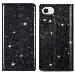 Flipové pouzdro pro iPhone 16E, Card Slot Glittery, černé