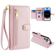 Klopové pouzdro pro iPhone 14 Pro Max, Wallet Zipper Pocket, růžové