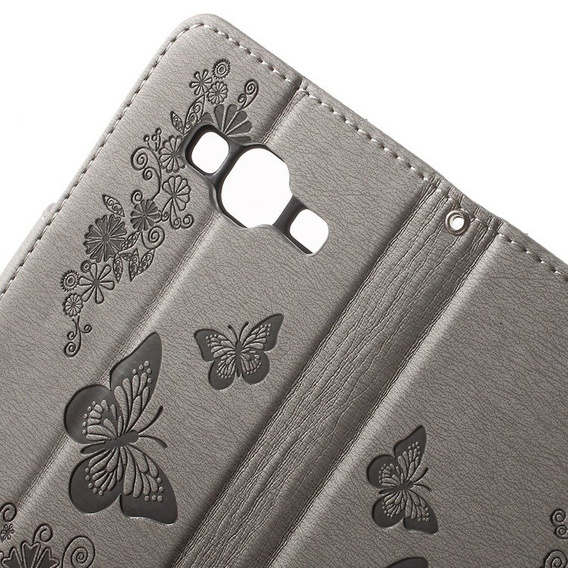 Klopové pouzdro pro Samsung Galaxy J3 2016, Butterfly, šedé