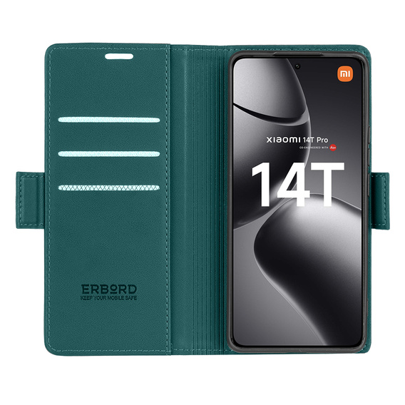 Pouzdro pro Xiaomi 14T Pro, ERBORD Glossy Litchi, flipová peněženka, zelené