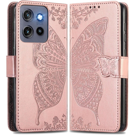 Klopové pouzdro pro Motorola Edge 50 Neo / Motorola ThinkPhone 25, Butterfly, růžové rose gold