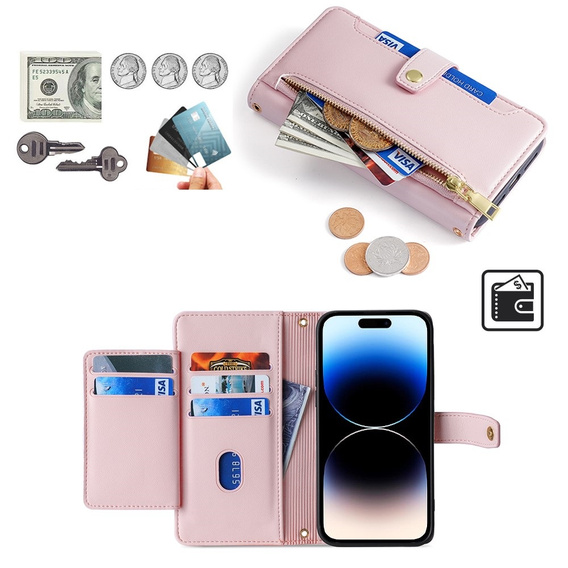 Klopové pouzdro pro iPhone 14 Pro Max, Wallet Zipper Pocket, růžové