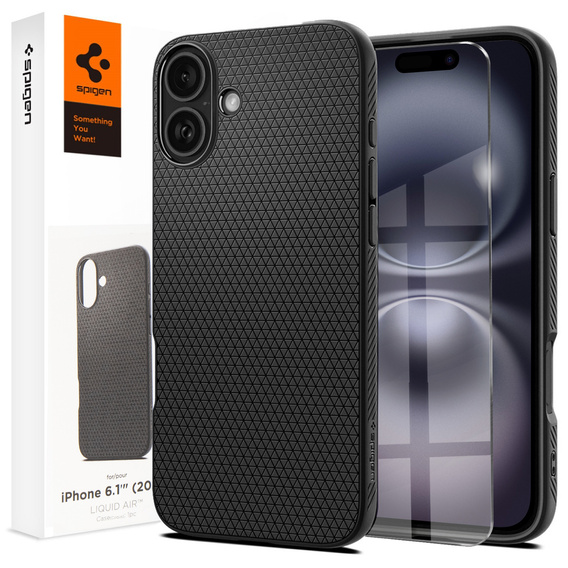 Pouzdro Spigen pro iPhone 16, Liquid Air, černé + 9H tvrzené sklo