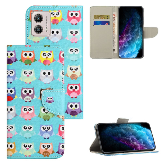 Klopové pouzdro pro Motorola Moto G73 5G, Wallet, owls, modré