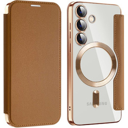 Klopové pouzdro pro Samsung Galaxy S24, RFID Wallet MagSafe CamShield, hnědé