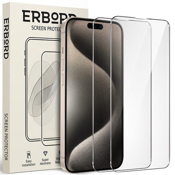 2x tvrzené sklo pro iPhone 15 Pro Max, ERBORD 9H Hard Glass na displeji