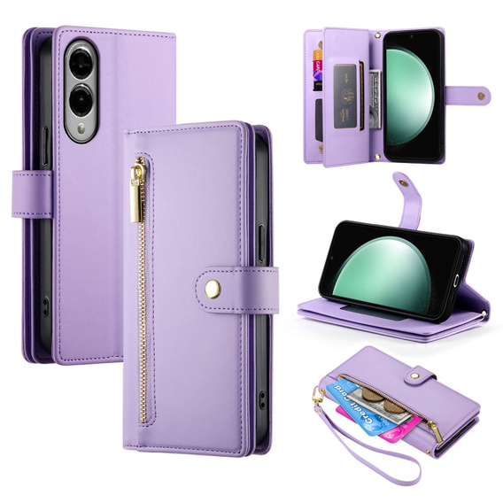 Klopové pouzdro pro Samsung Galaxy S25 Edge, Wallet Zipper Pocket, fialové