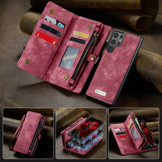 CASEME pouzdro pro Samsung Galaxy S25 Ultra, Retro Leather Wallet, s páskem, červené