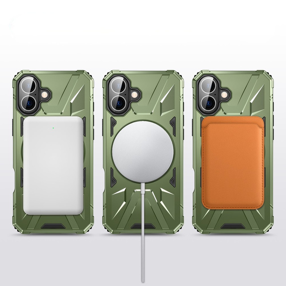 Pouzdro pro iPhone 16, pancéřované se stojánkem a deskou na rukojeť, zelené
