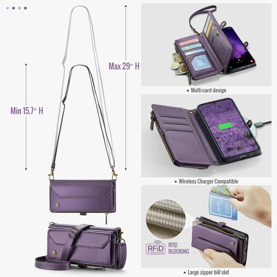 Pouzdro CASEME pro Samsung Galaxy S25 FE, RFID Leather Wallet, s popruhem přes rameno, fialové