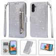 Klopové pouzdro pro Samsung Galaxy A55, Wallet Zipper Pocket Glittery, stříbrné