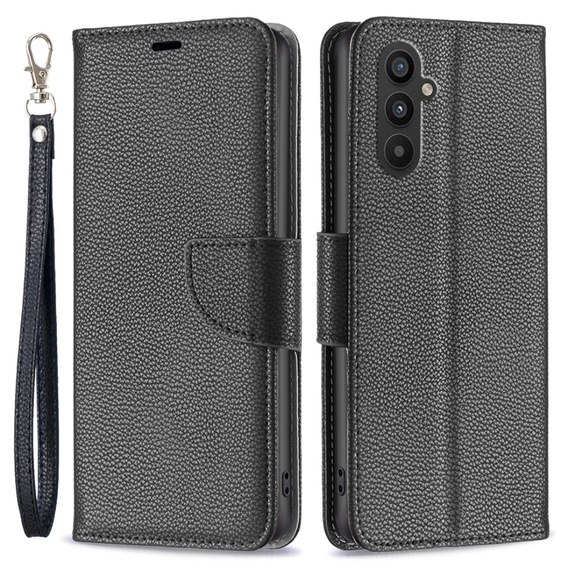 Klopové pouzdro pro Samsung Galaxy A25 5G, Wallet Litchi Leather, černé + 9H sklo 
