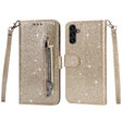 Klopové pouzdro pro Samsung Galaxy A55, Wallet Zipper Pocket Glittery, zlaté