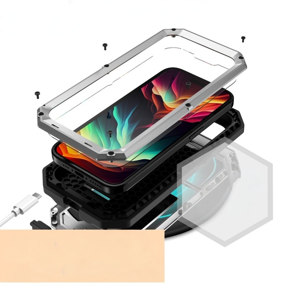 Pouzdro pro iPhone 15 Pro, R-JUST CamShield Slide, pancéřované, stříbrné / černé