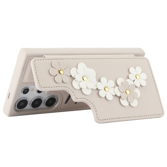 Pouzdro pro Samsung Galaxy S24 Ultra, Leather Flower Card Slot, béžové